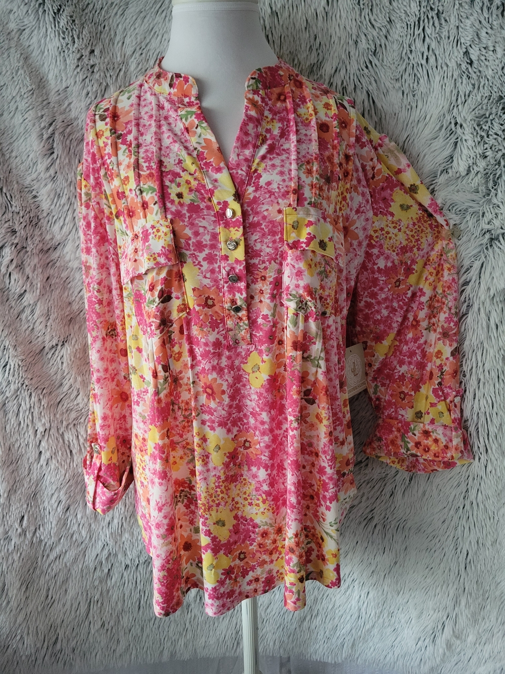 Women's Floral Split-Neck Blouse in Pink and Yellow